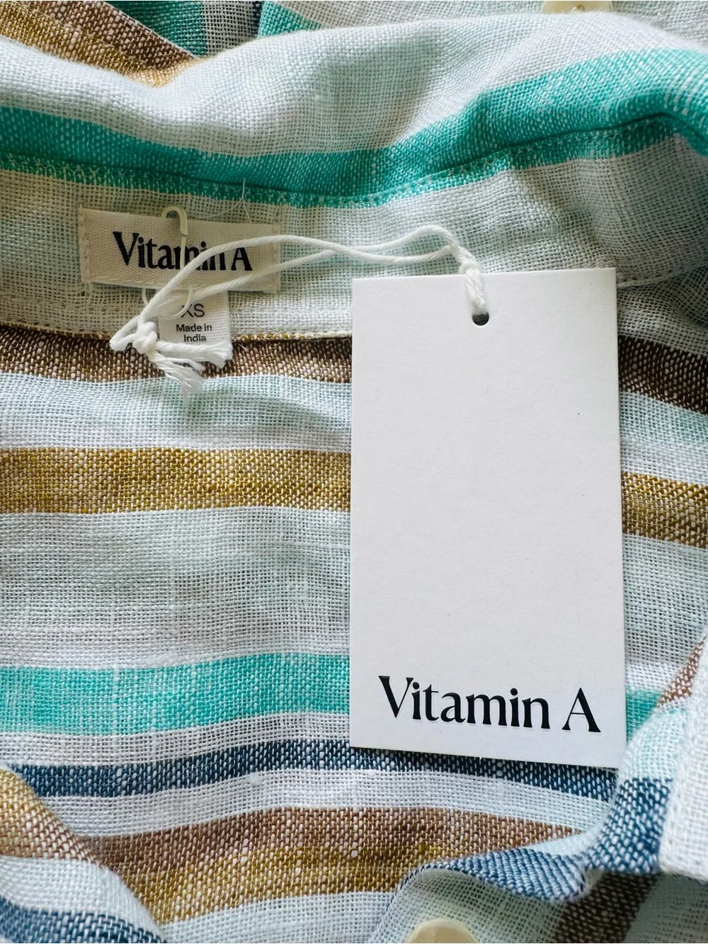 NWT Vitamin A Swim Playa Linen Boyfriend Shirt, Tidal Stripe, Blue/White/Tan, XS